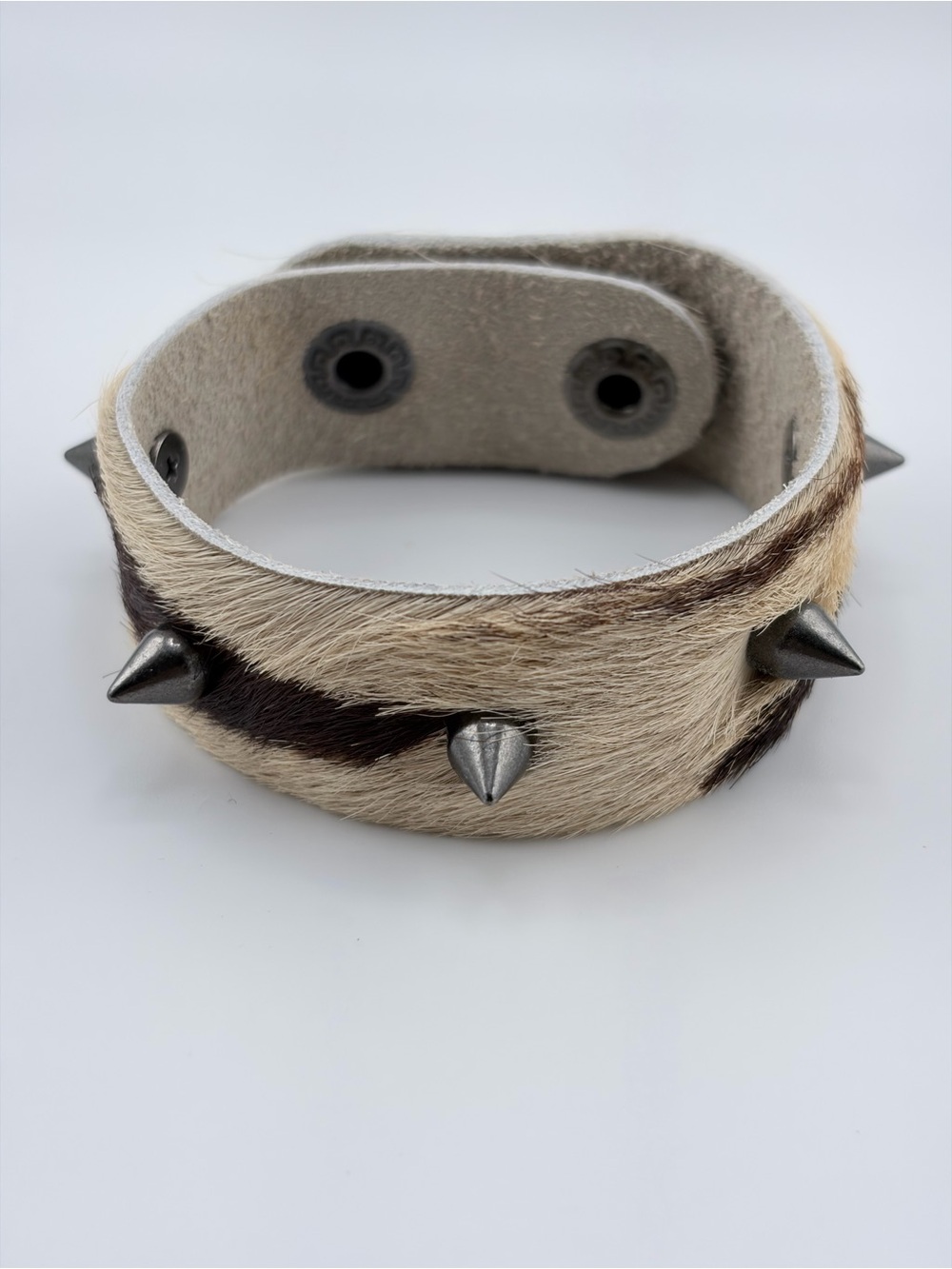 Spiked Cowhide Hair-On Leather Bracelet in Natural Brown and Cream